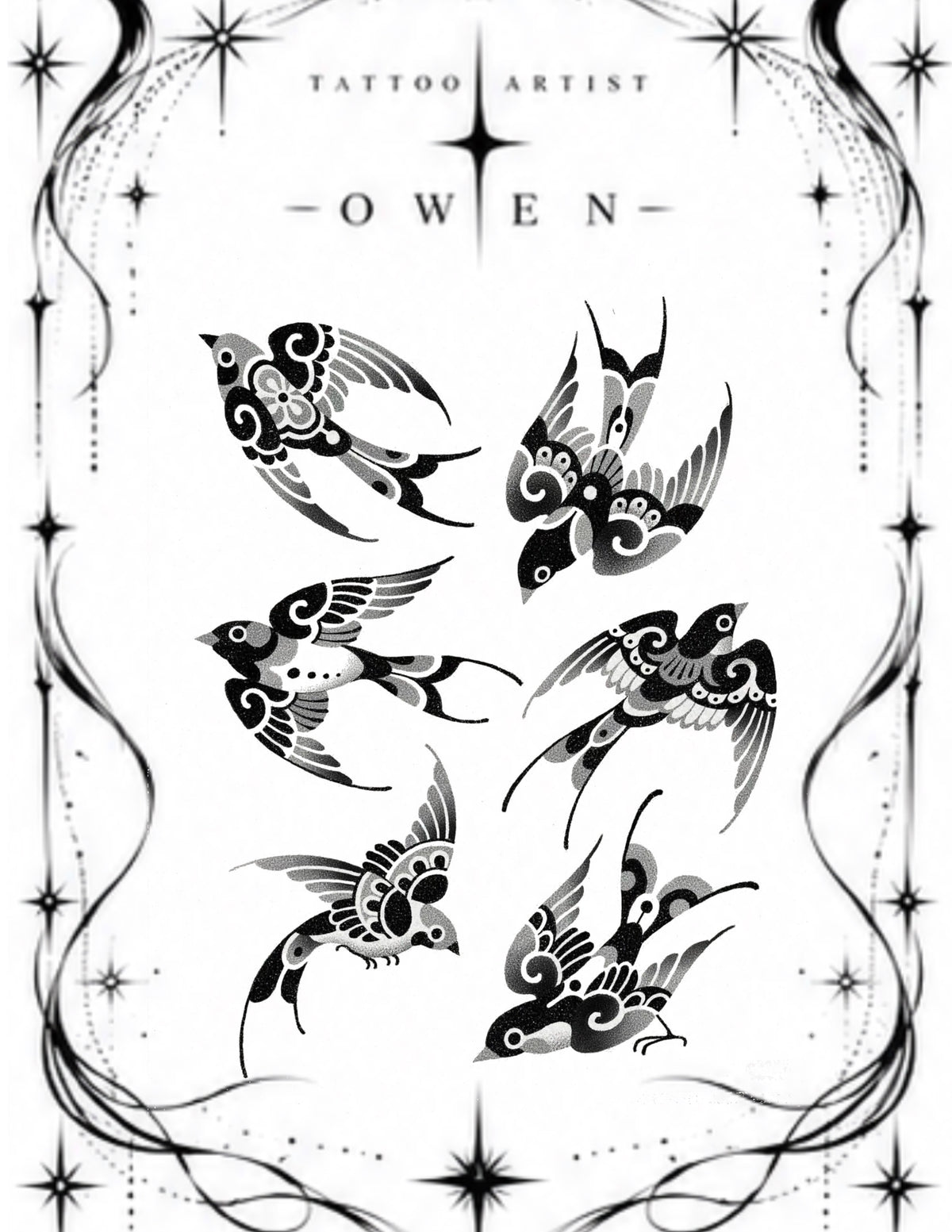 Ornamental Swallows - Owen Flash; 3–4 inches; $250–$350 per design