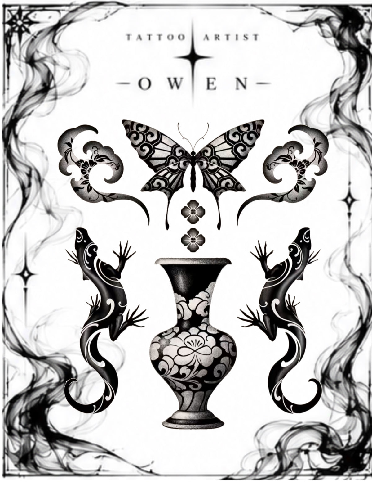 Cloud Butterfly, Geckos & Vase - Owen Flash; 5–6 inches; $350–$450 per design