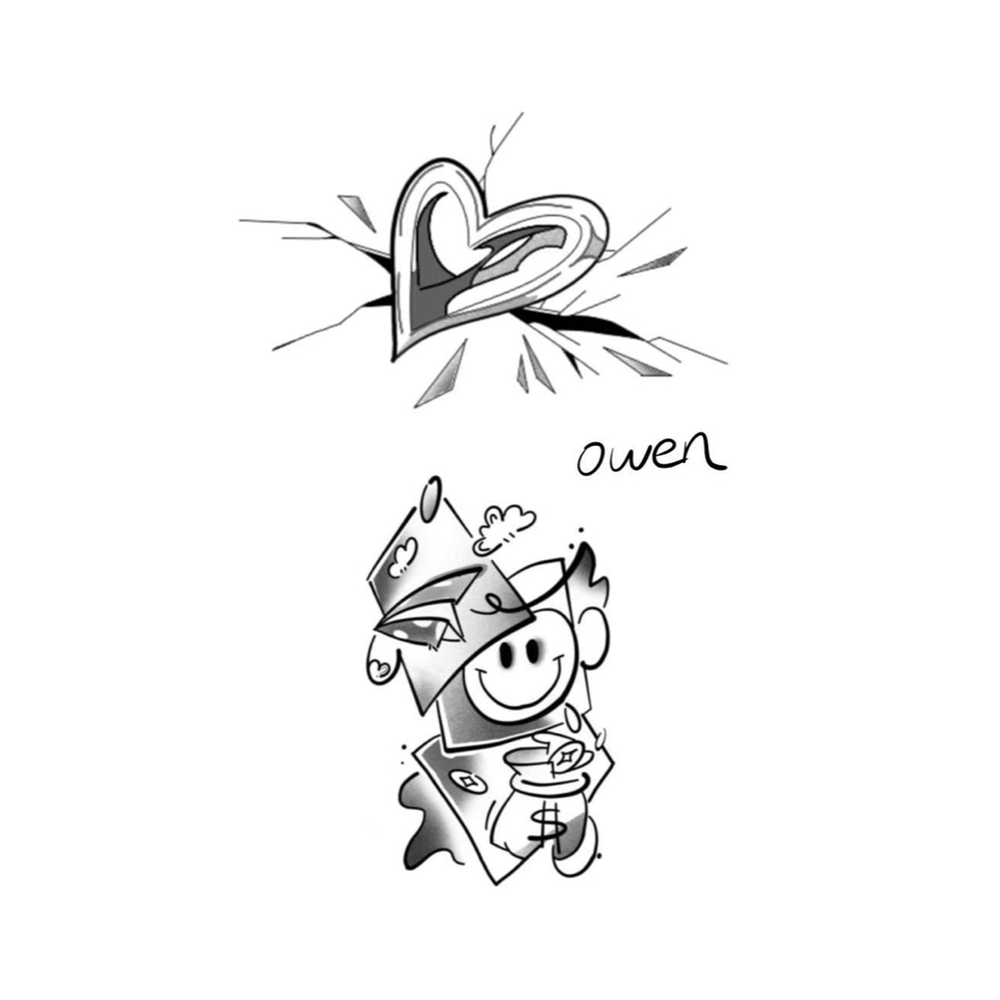 Broken hearts and money character flash tattoo designs by Owen