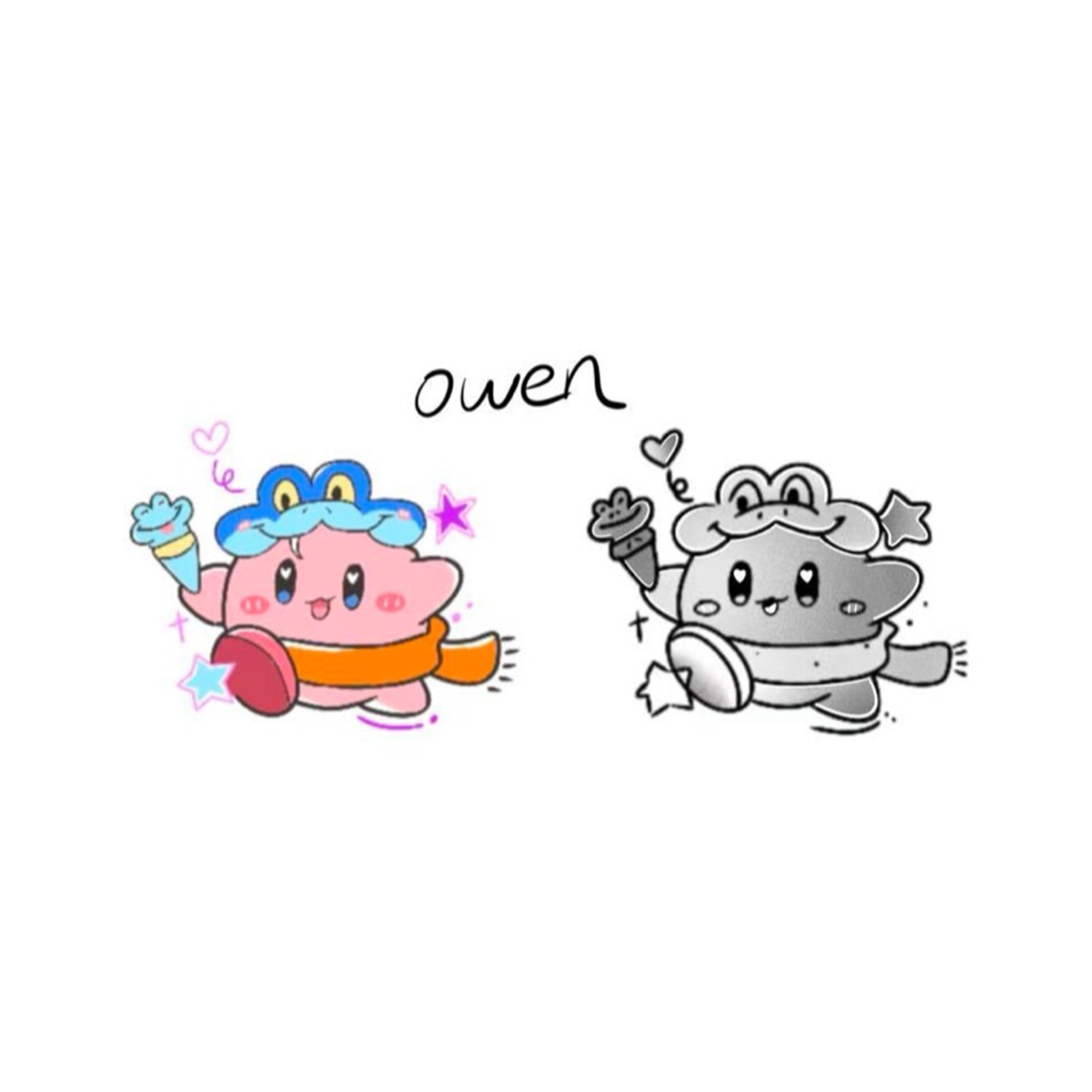 Frog Hat Character Duo flash tattoo, color and black-and-gray versions by Owen