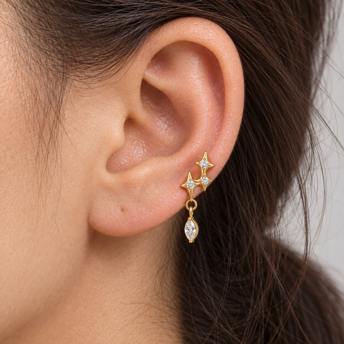 Clear CZ ASTM F136 Titanium Flat Back - Gold, Internally Threaded, 16G, 1.2 x 8+4 mm — wearing view three (P-FB-0079-G01)