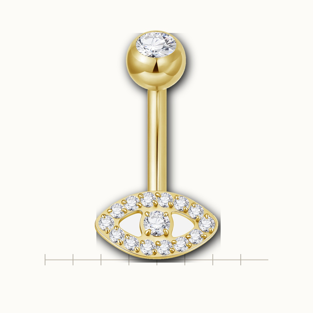 Implant Grade Titanium - Belly Button Ring - 24K Gold - Clear CZ - 14G (1.6 x 6+5 mm) - scale view