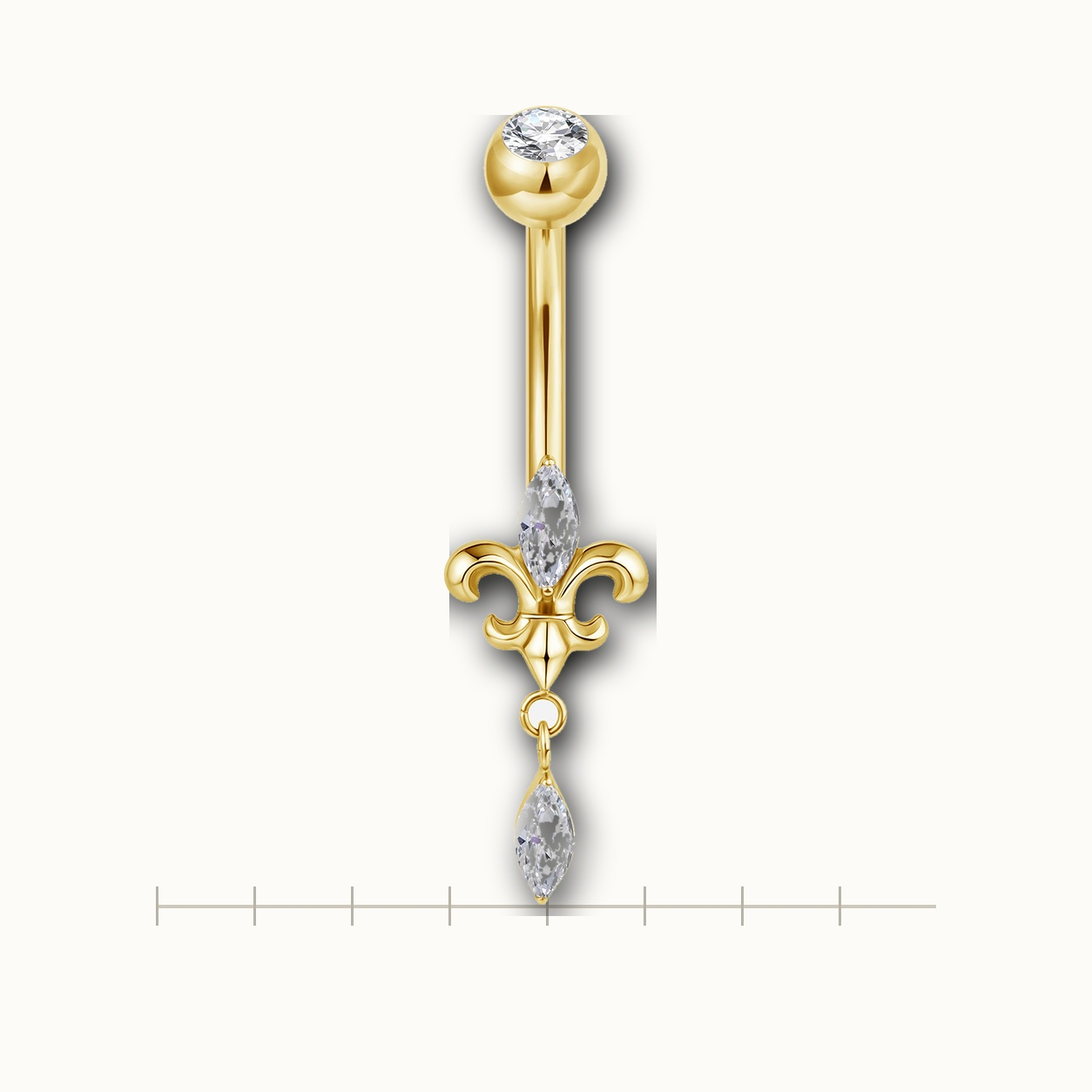Implant Grade Titanium - Belly Button Ring - Gold - Clear CZ - 14G (1.6 x 10+5 mm) - scale view