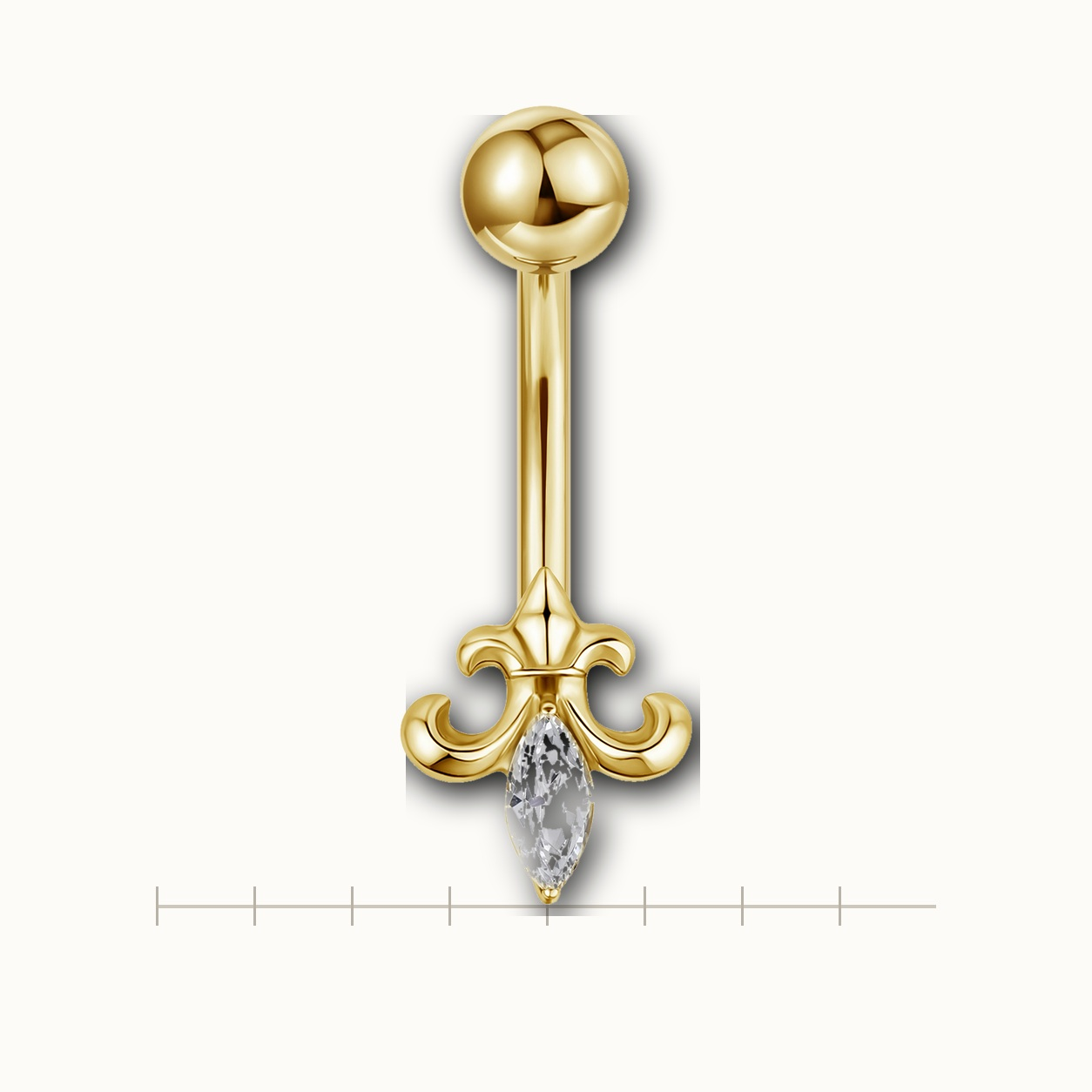 Implant Grade Titanium - Belly Button Ring - Gold - Clear CZ - 14G (1.6 x 10+5 mm) - scale view