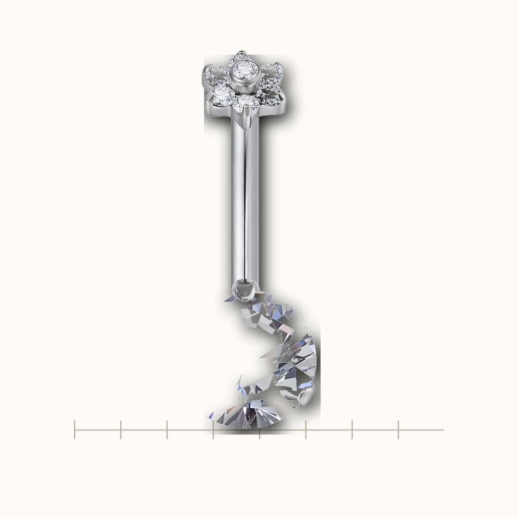 Implant Grade Titanium - Belly Button Ring - Silver - Clear CZ - 14G (1.6 x 10 mm) - scale view
