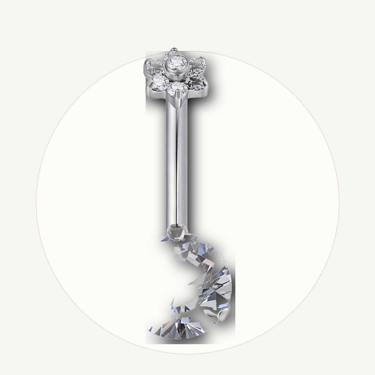 Implant Grade Titanium - Belly Button Ring - Silver - Clear CZ - 14G (1.6 x 10 mm) - styling view