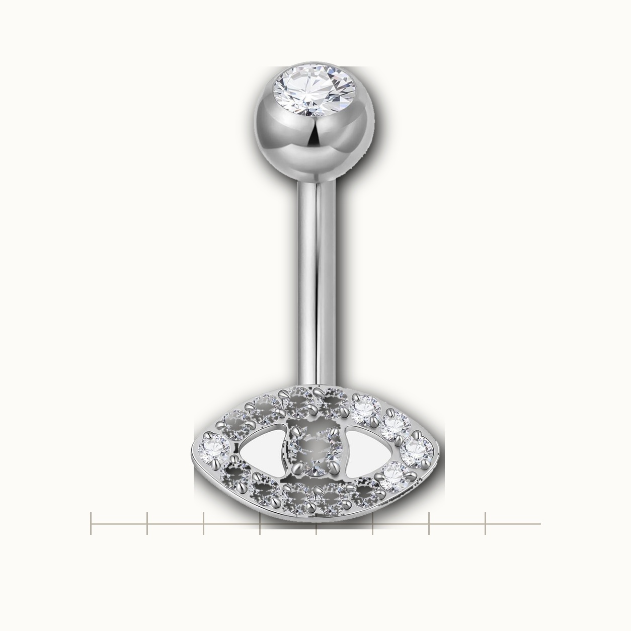 Implant Grade Titanium - Belly Button Ring - Silver - Clear CZ - 14G (1.6 x 6+5 mm) - scale view