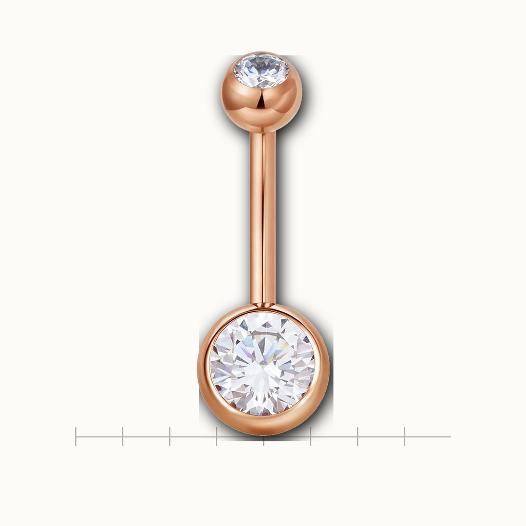 Implant Grade Titanium - Belly Button Ring - Rose Gold - Clear CZ - 14G (1.6 x 16+5+8 mm) - scale view