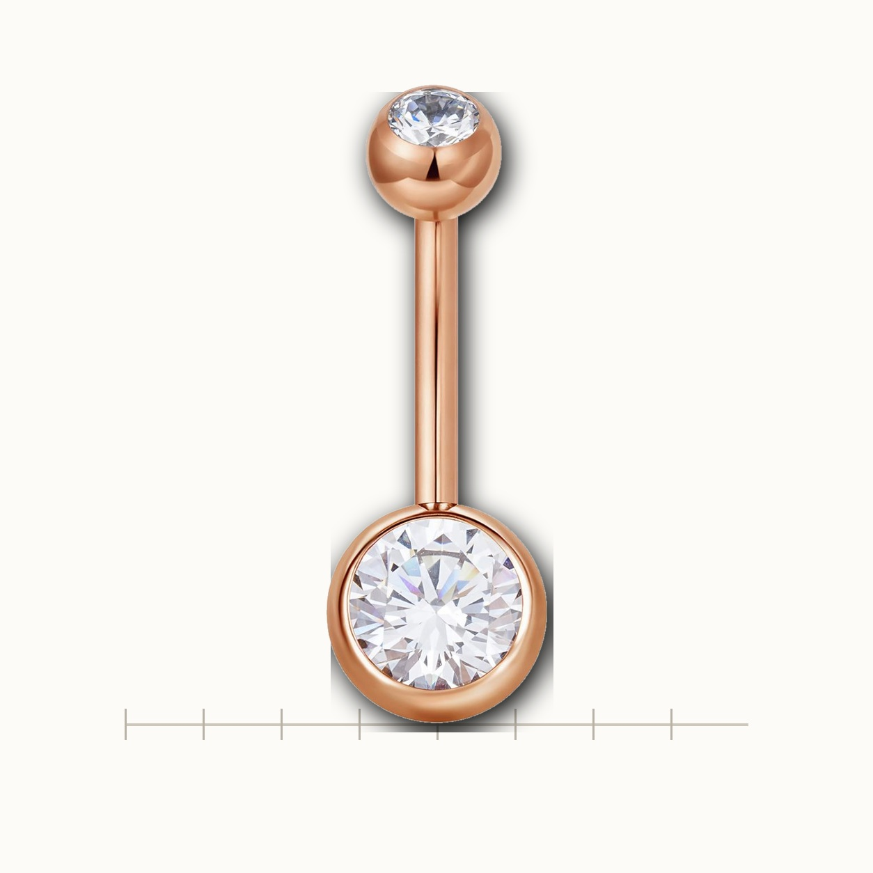 Implant Grade Titanium - Belly Button Ring - Rose Gold - Clear CZ - 14G (1.6 x 16+5+8 mm) - scale view