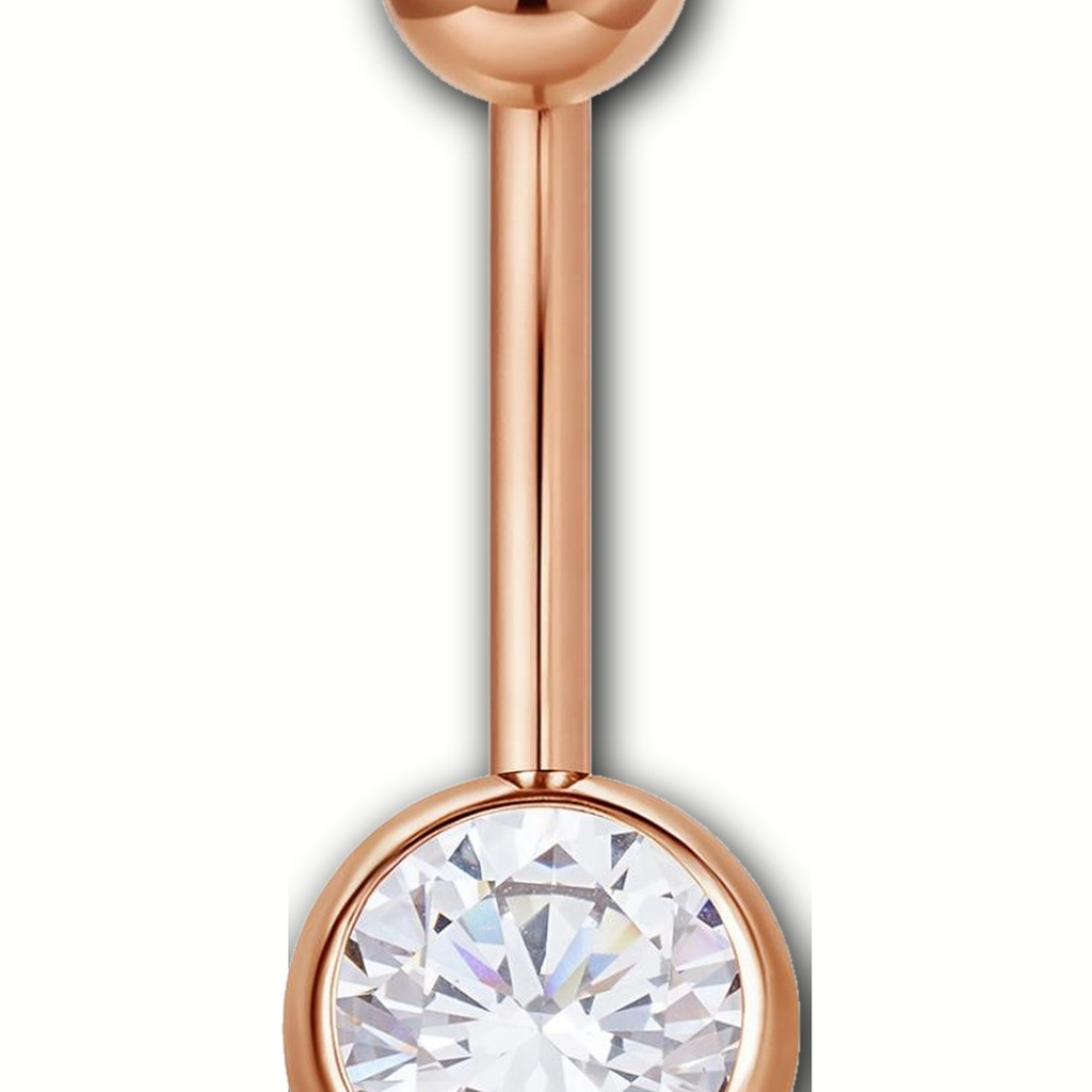 Implant Grade Titanium - Belly Button Ring - Rose Gold - Clear CZ - 14G (1.6 x 16+5+8 mm) - detail view