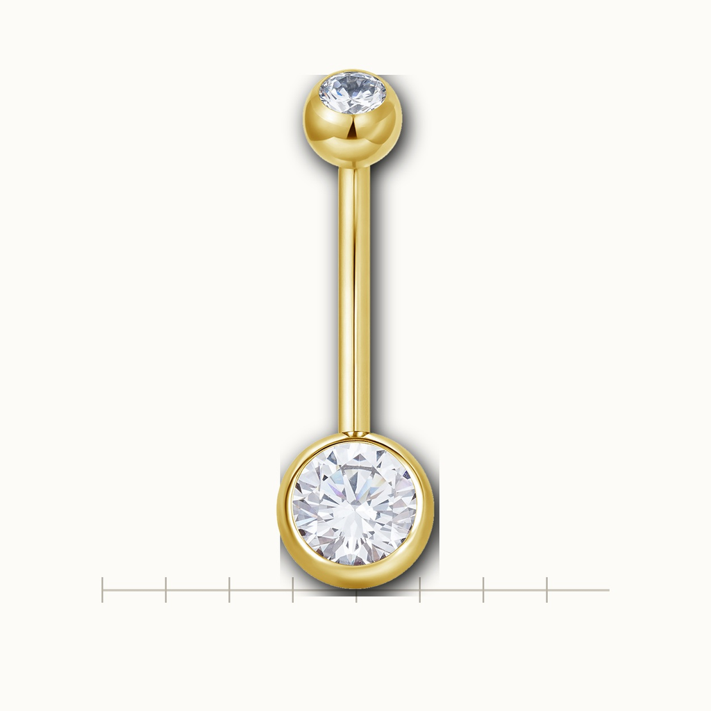 Implant Grade Titanium - Belly Button Ring - Gold - Clear CZ - 14G (1.6 x 14+5+8 mm) - scale view