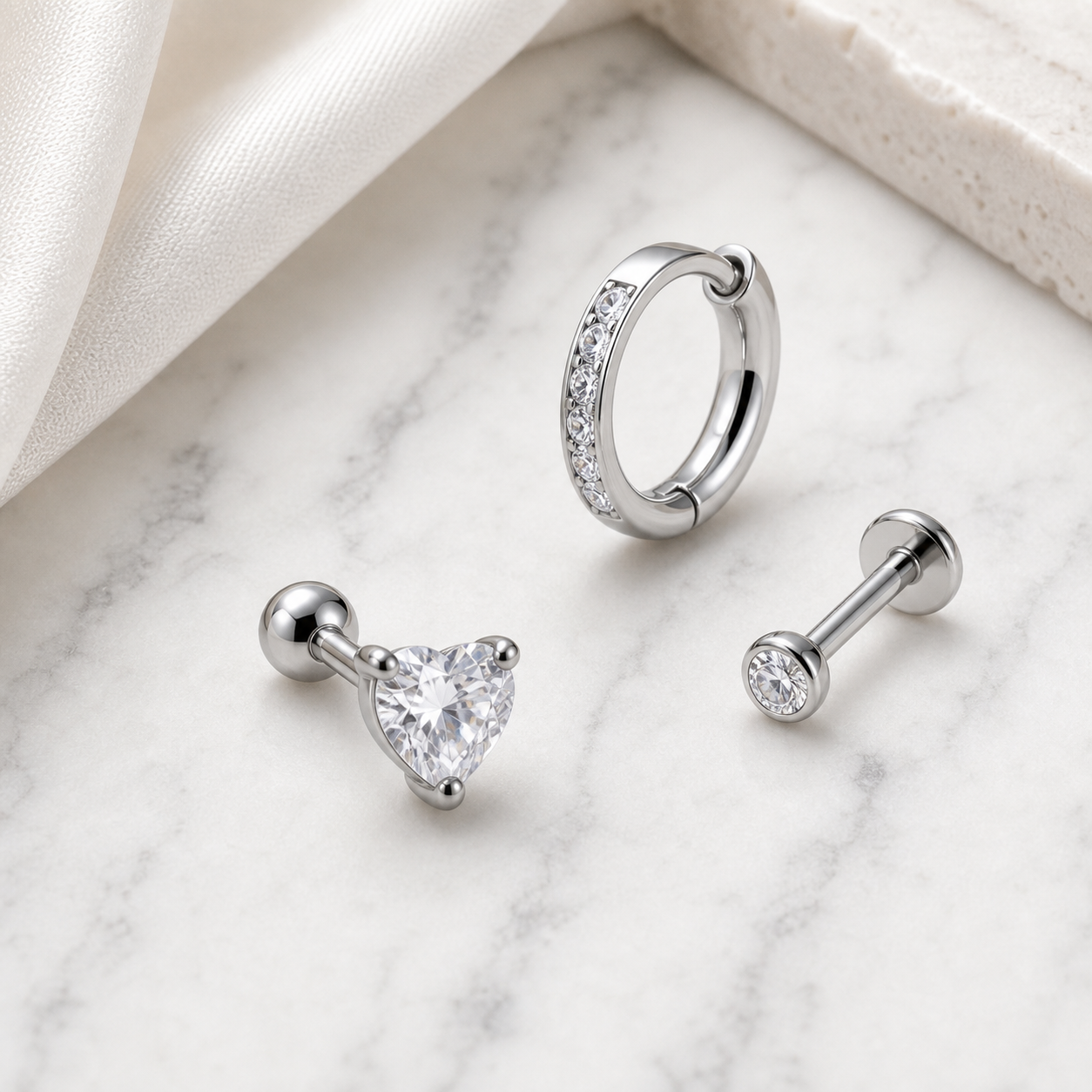 Implant Grade Titanium - Cartilage Jewelry - Silver - Clear CZ - 16G (1.2 x 6+4+4 mm) - styling view