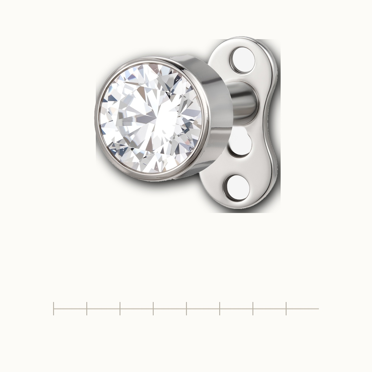 Implant Grade Titanium - Dermal - Silver - Clear CZ - 14G (1.6 x 2.5+3 mm) - scale view