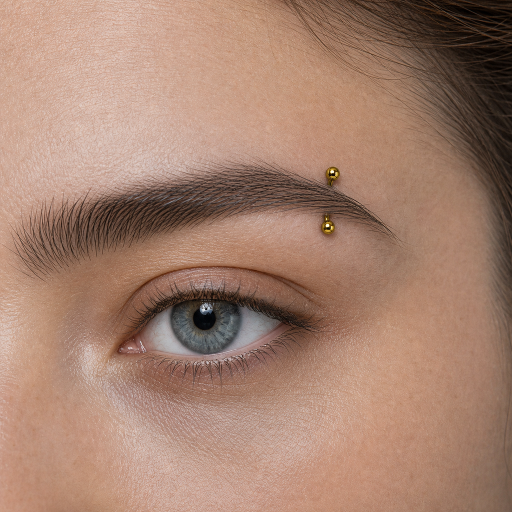 Implant Grade Titanium - Eyebrow Ring - Gold - 16G (1.2 x 8+3 x 3 mm) - model wear view