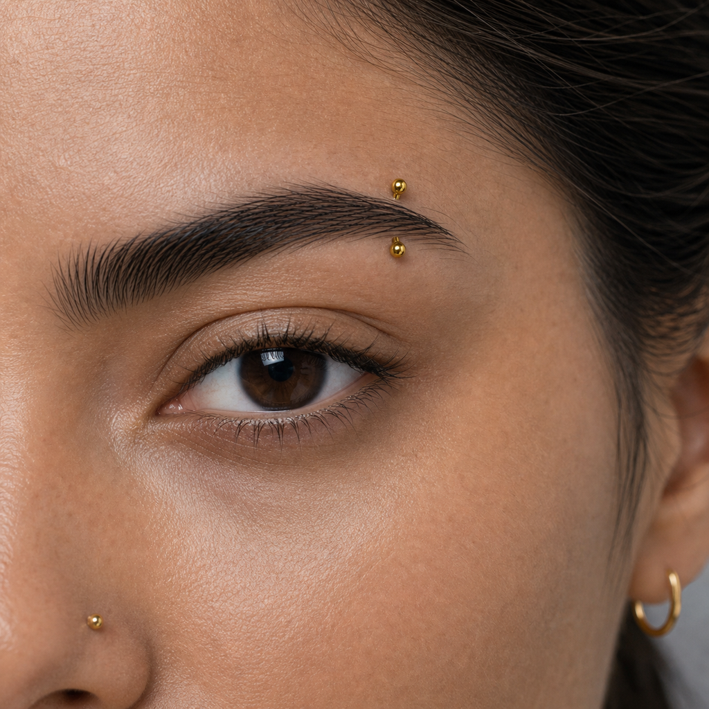 Implant Grade Titanium - Eyebrow Ring - Gold - 16G (1.2 x 8+3 x 3 mm) - model wear view