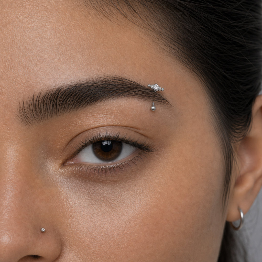 Implant Grade Titanium - Eyebrow Ring - Silver - Clear CZ - 16G (1.2 x 8 mm) - model wear view