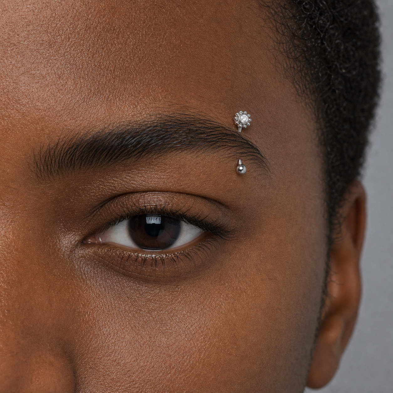 Implant Grade Titanium - Eyebrow Ring - Silver - Clear CZ - 16G (1.2 x 8 mm) - model wear view