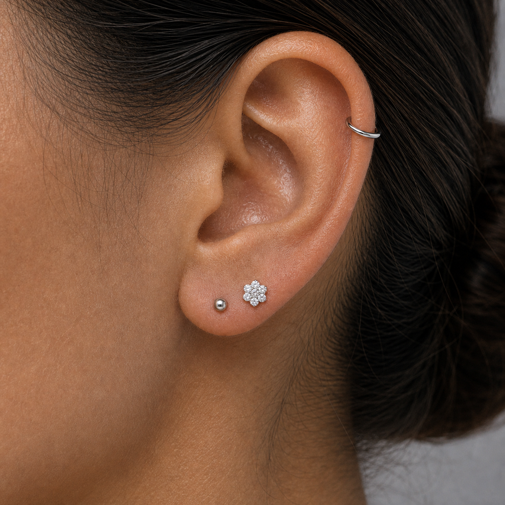 Implant Grade Titanium - Earring - Silver - Clear CZ - model wear view