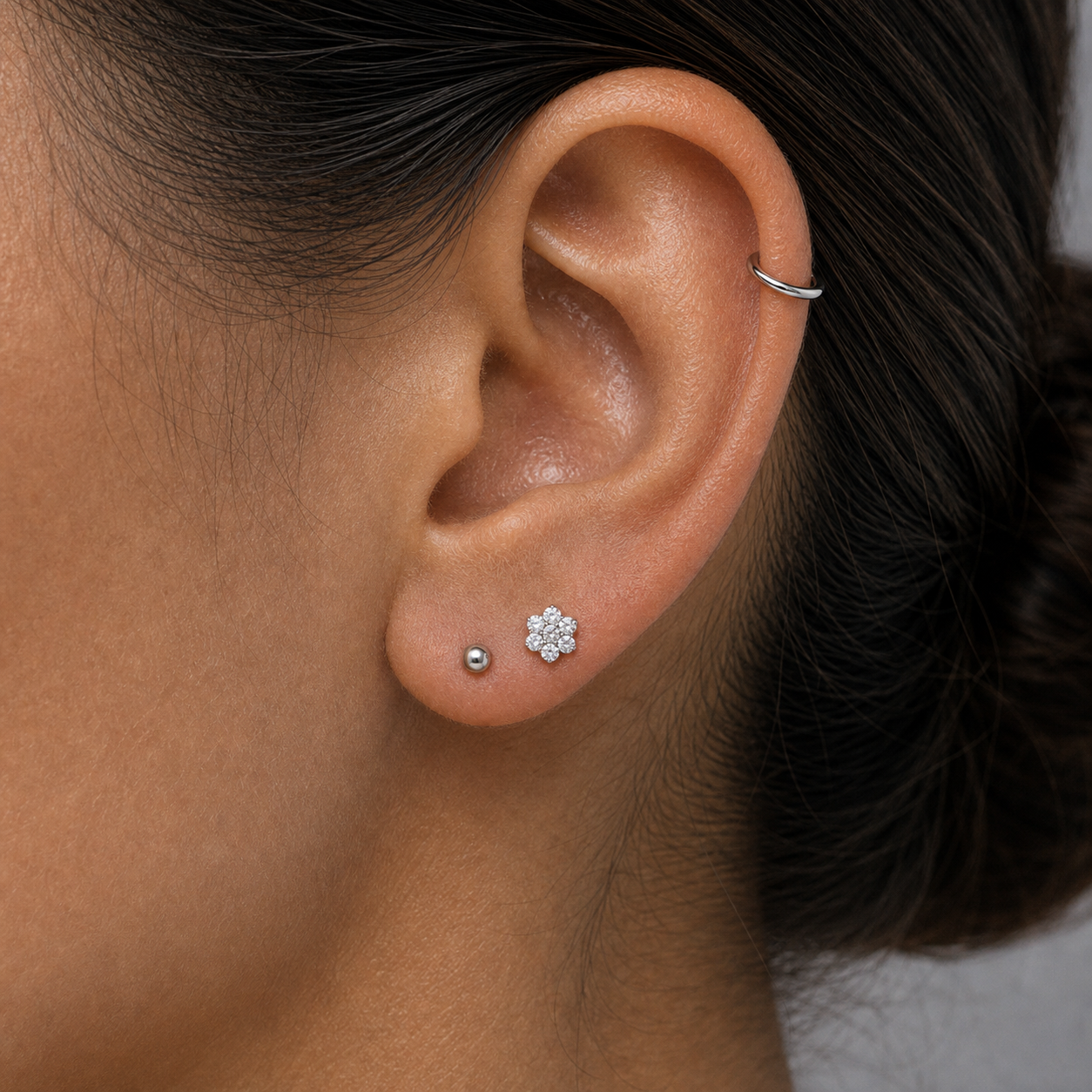 Implant Grade Titanium - Earring - Silver - Clear CZ - model wear view