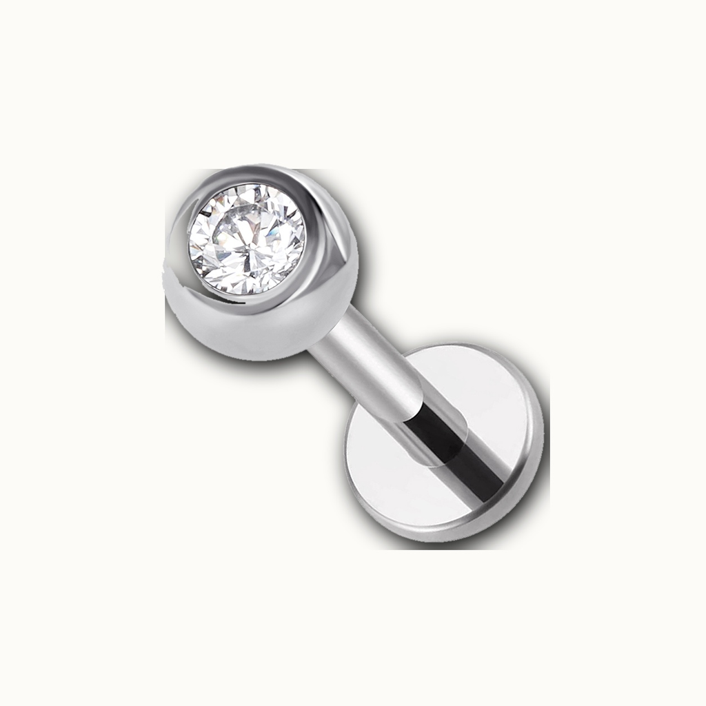 Implant Grade Titanium - Flat Back - Silver - Clear CZ - 16G (1.2 x 10+3 mm) - detail view