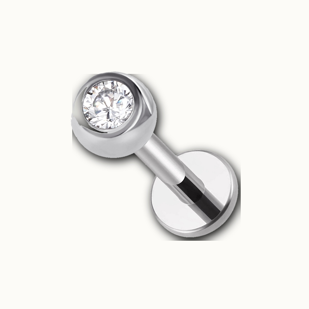 Implant Grade Titanium - Flat Back - Silver - Clear CZ - 16G (1.2 x 10+3 mm) - detail view