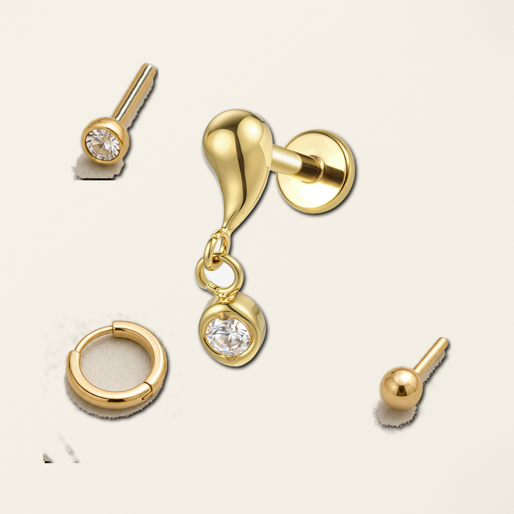 Implant Grade Titanium - Flat Back - Gold - Clear CZ - 16G (1.2 x 8+4 mm) - styling view