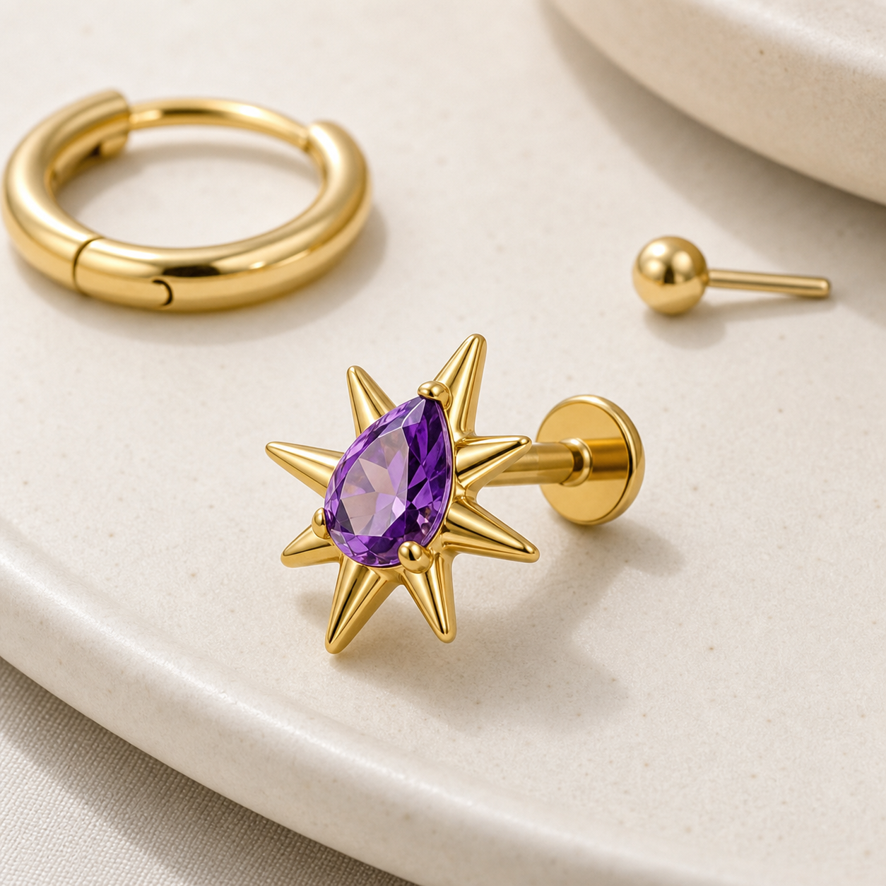 Implant Grade Titanium - Flat Back - Gold - Purple - 16G (1.2 x 8+4 mm) - styling view