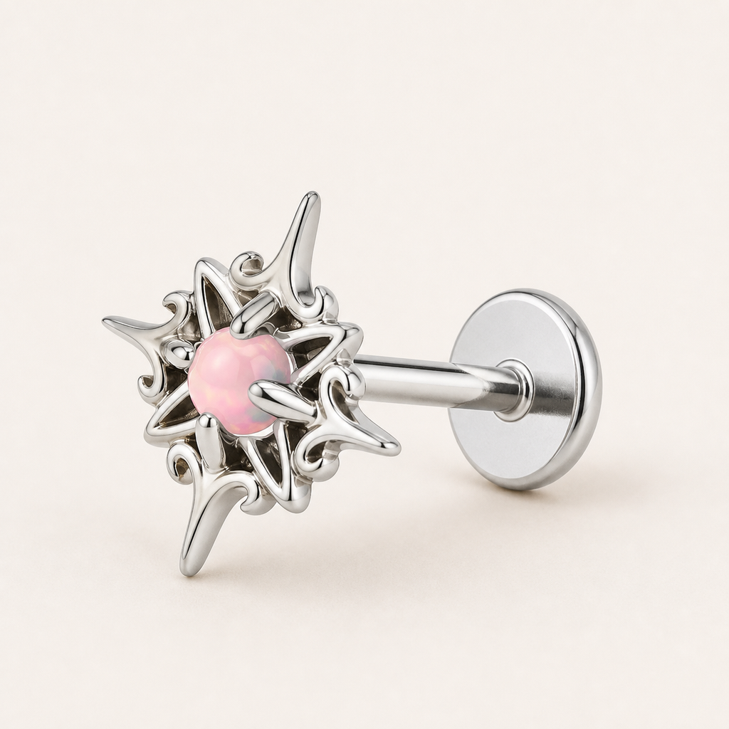 Implant Grade Titanium - Flat Back - Silver - Light Blue - 16G (1.2 x 6+4 mm) - detail view