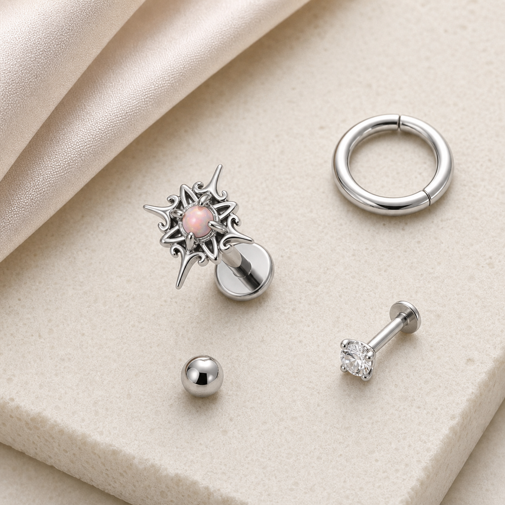 Implant Grade Titanium - Flat Back - Silver - Light Blue - 16G (1.2 x 6+4 mm) - styling view