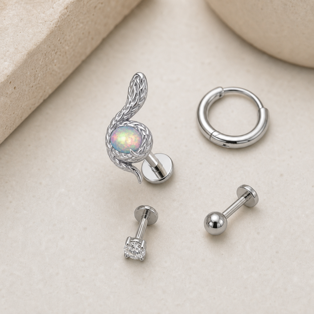 Implant Grade Titanium - Flat Back - Silver - Light Green - 16G (1.2 x 6+4 mm) - styling view