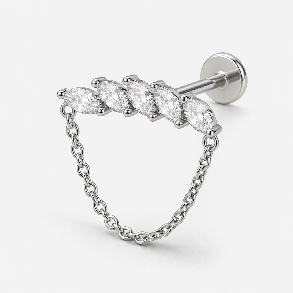 Implant Grade Titanium - Flat Back - Silver - Clear CZ - 16G (1.2 x 8+4 mm) - detail view