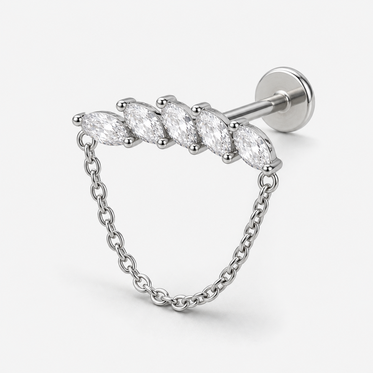 Implant Grade Titanium - Flat Back - Silver - Clear CZ - 16G (1.2 x 8+4 mm) - detail view