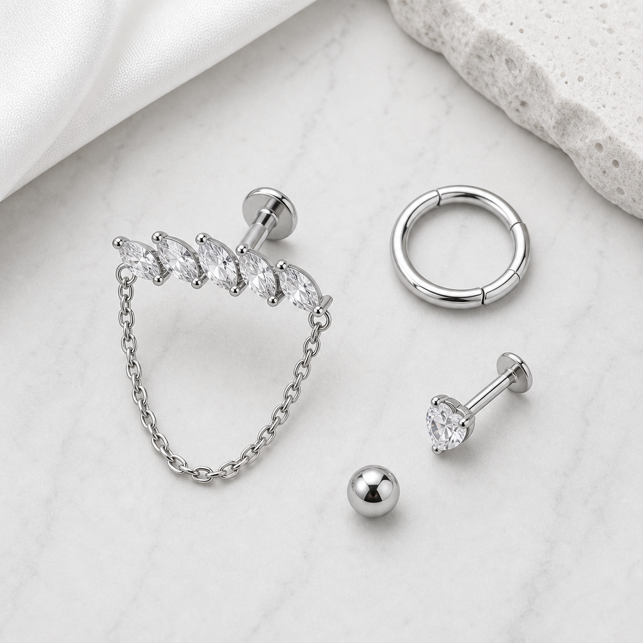 Implant Grade Titanium - Flat Back - Silver - Clear CZ - 16G (1.2 x 8+4 mm) - styling view