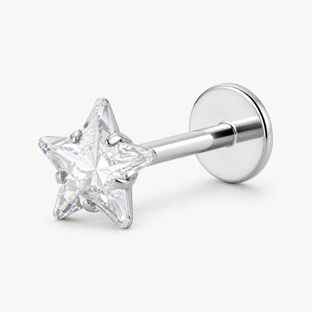 Implant Grade Titanium - Flat Back - Silver - Clear CZ - 16G (1.2 x 8+4 mm) - detail view