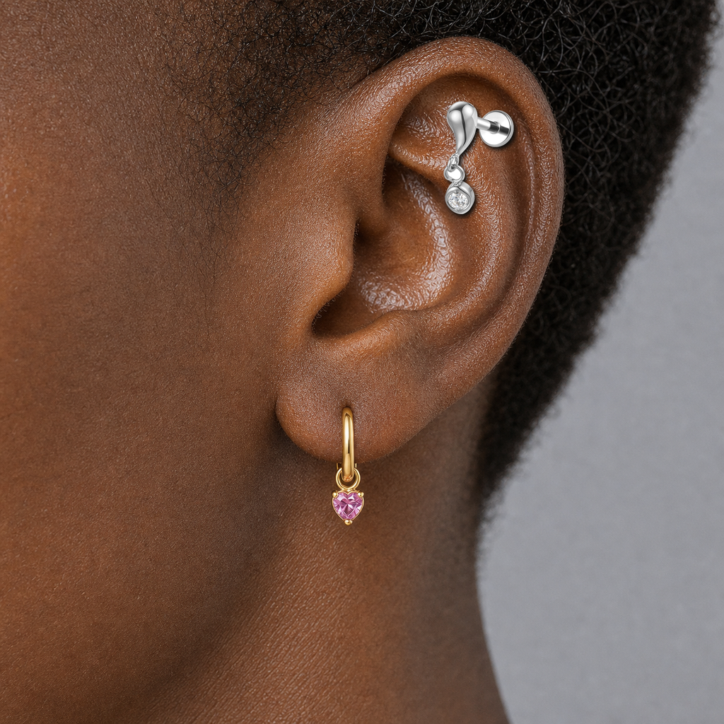 Implant Grade Titanium - Flat Back - Silver - Clear CZ - 16G (1.2 x 8+4 mm) - model wear view