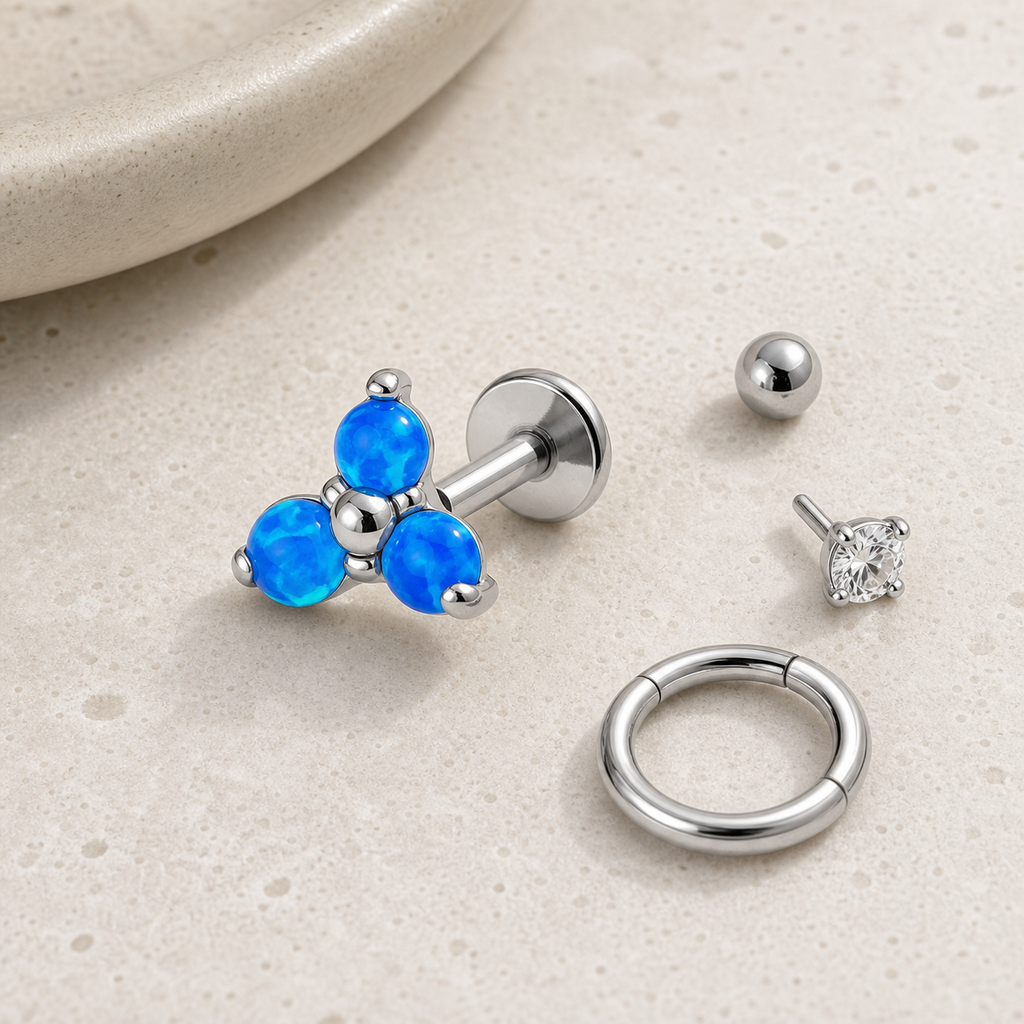 Implant Grade Titanium - Flat Back - Silver - OP05 - 16G (1.2 x 8+5 mm) - styling view