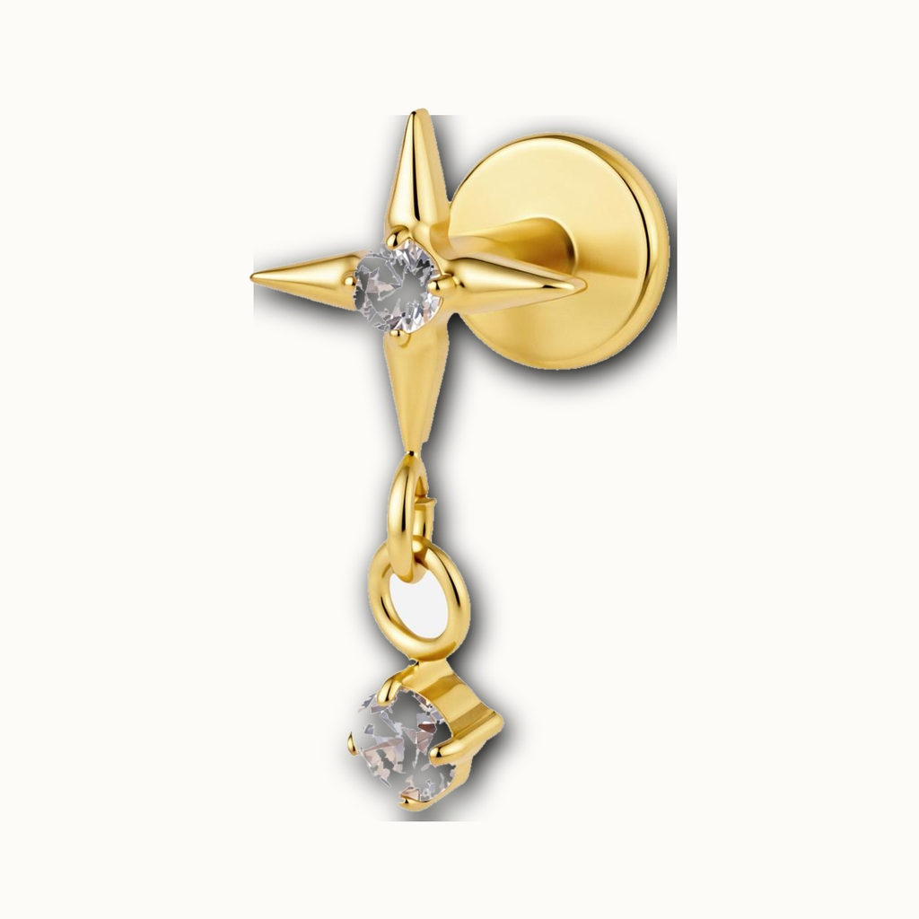 Implant Grade Titanium - Flat Back - Gold - Clear CZ - 16G (1.2 x 6+4 mm) - detail view