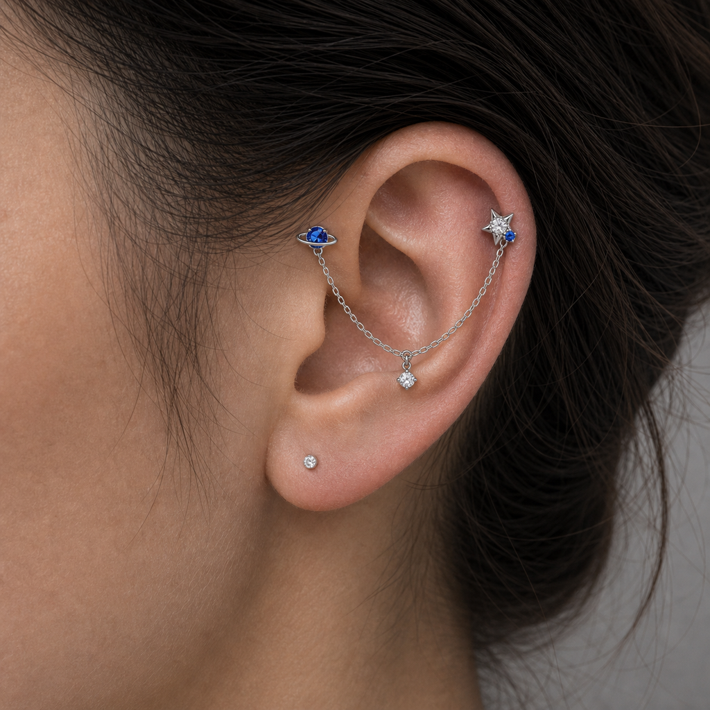 Implant Grade Titanium - Flat Back - Silver - Clear CZ - 16G (1.2 x 6 mm) - model wear view