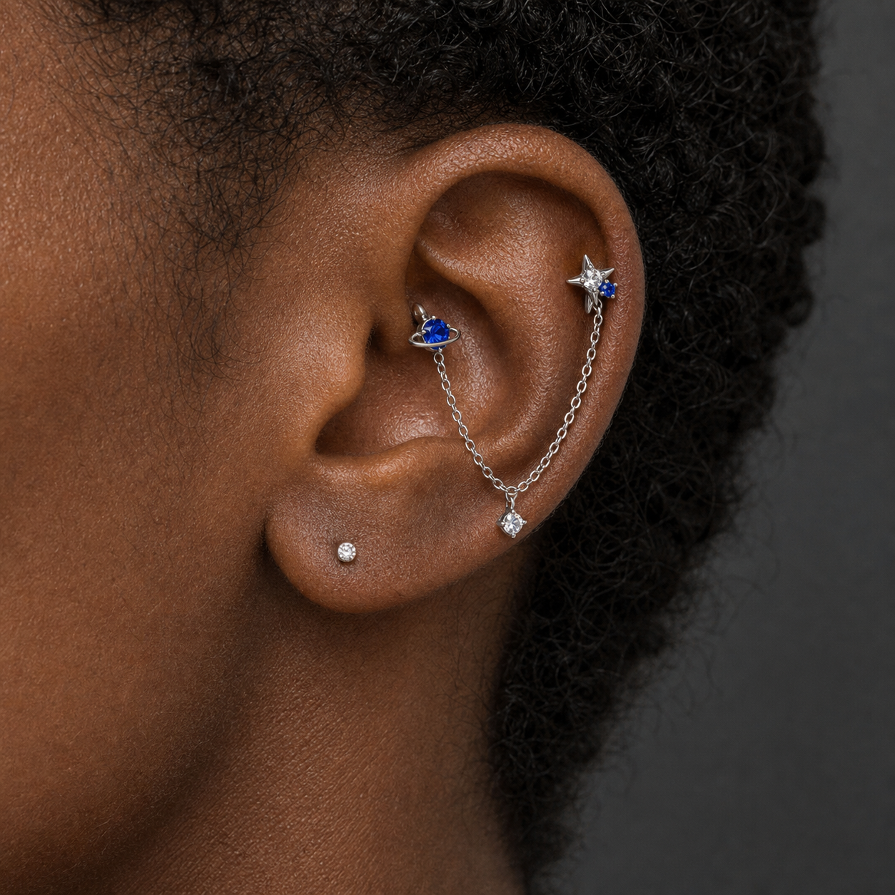 Implant Grade Titanium - Flat Back - Silver - Clear CZ - 16G (1.2 x 6 mm) - model wear view