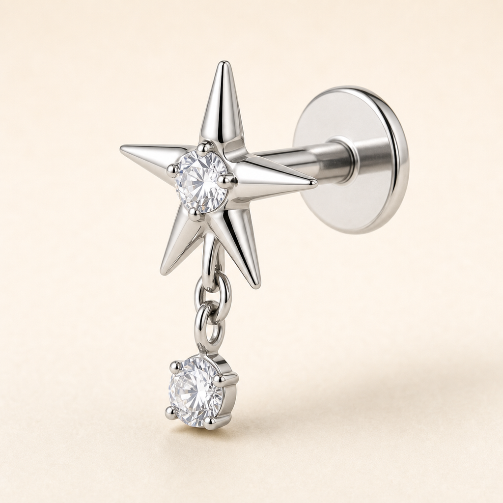 Implant Grade Titanium - Flat Back - Silver - Clear CZ - 16G (1.2 x 6+4 mm) - detail view