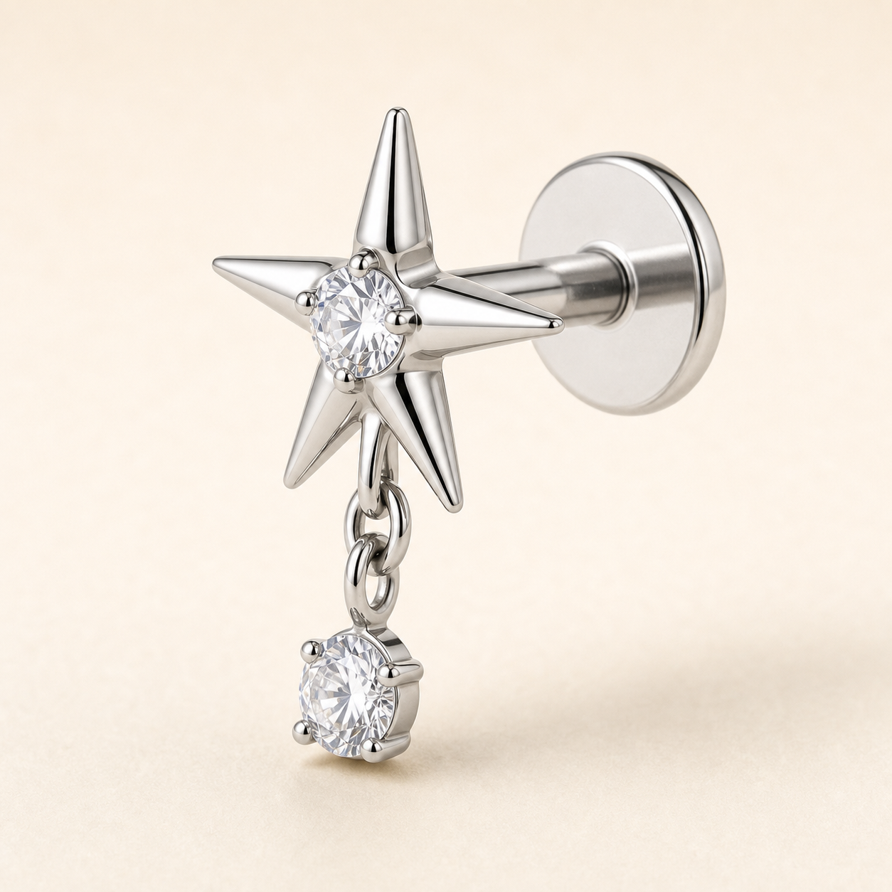Implant Grade Titanium - Flat Back - Silver - Clear CZ - 16G (1.2 x 6+4 mm) - detail view