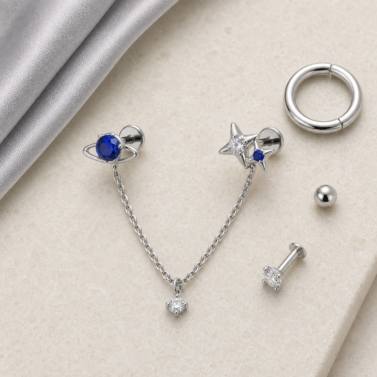 Implant Grade Titanium - Flat Back - Silver - Clear CZ - 16G (1.2 x 6+4 mm) - styling view