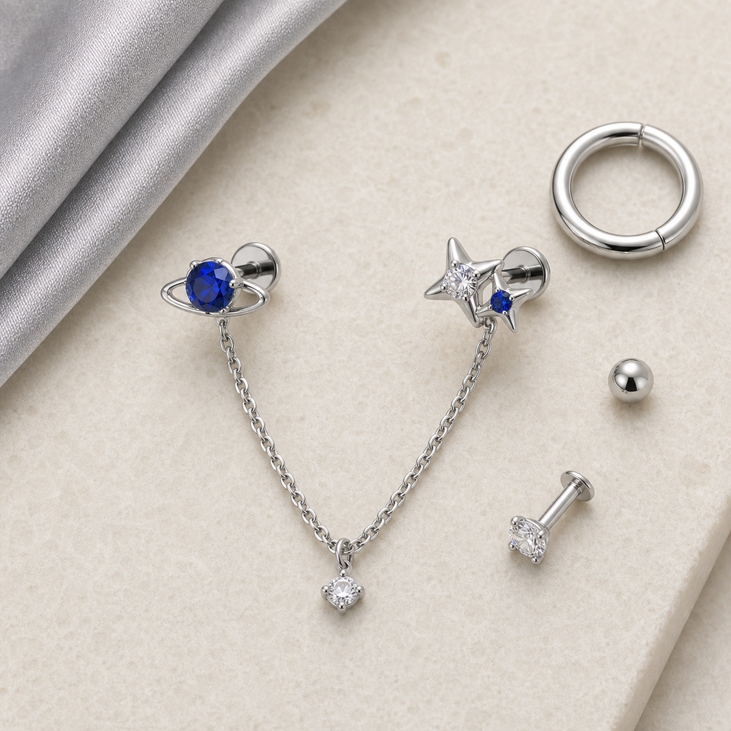 Implant Grade Titanium - Flat Back - Silver - Clear CZ - 16G (1.2 x 6+4 mm) - styling view