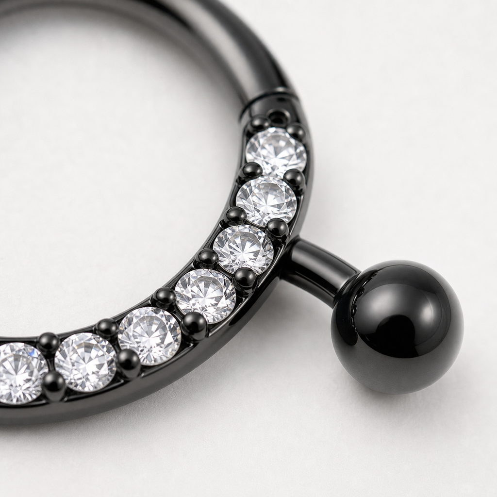 Implant Grade Titanium - Horseshoe - Black - Clear CZ - 16G (1.2 x 8+3+3 mm) - detail view