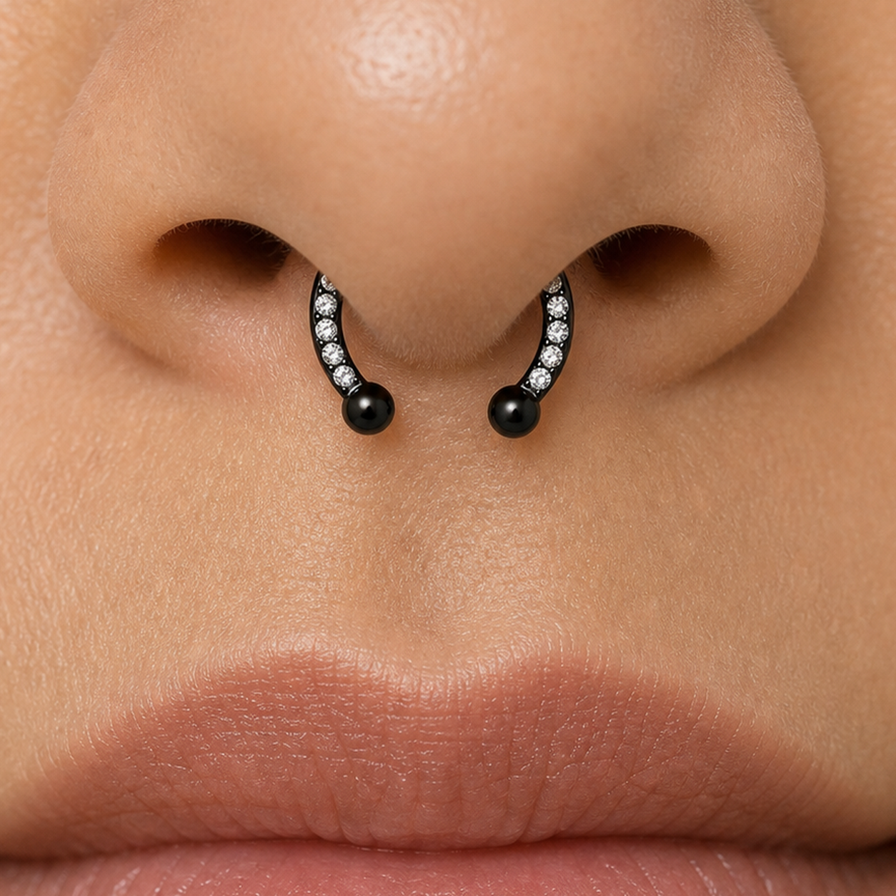 Implant Grade Titanium - Horseshoe - Black - Clear CZ - 16G (1.2 x 8+3+3 mm) - model wear view