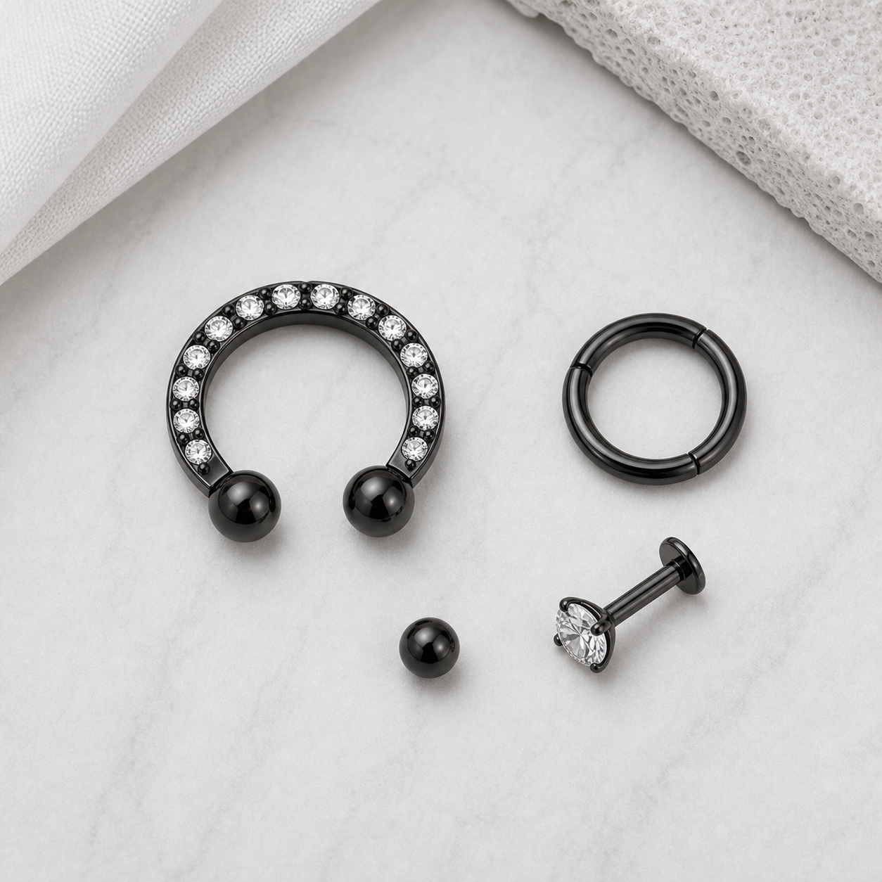 Implant Grade Titanium - Horseshoe - Black - Clear CZ - 16G (1.2 x 8+3+3 mm) - styling view