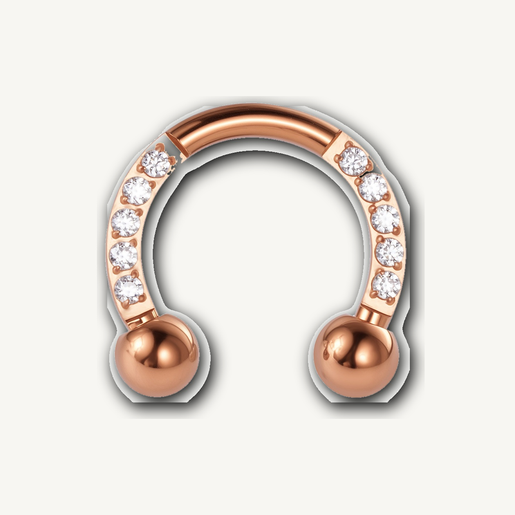 Implant Grade Titanium - Horseshoe - Rose Gold - Clear CZ - 16G (1.2 x 8+3+3 mm) - detail view