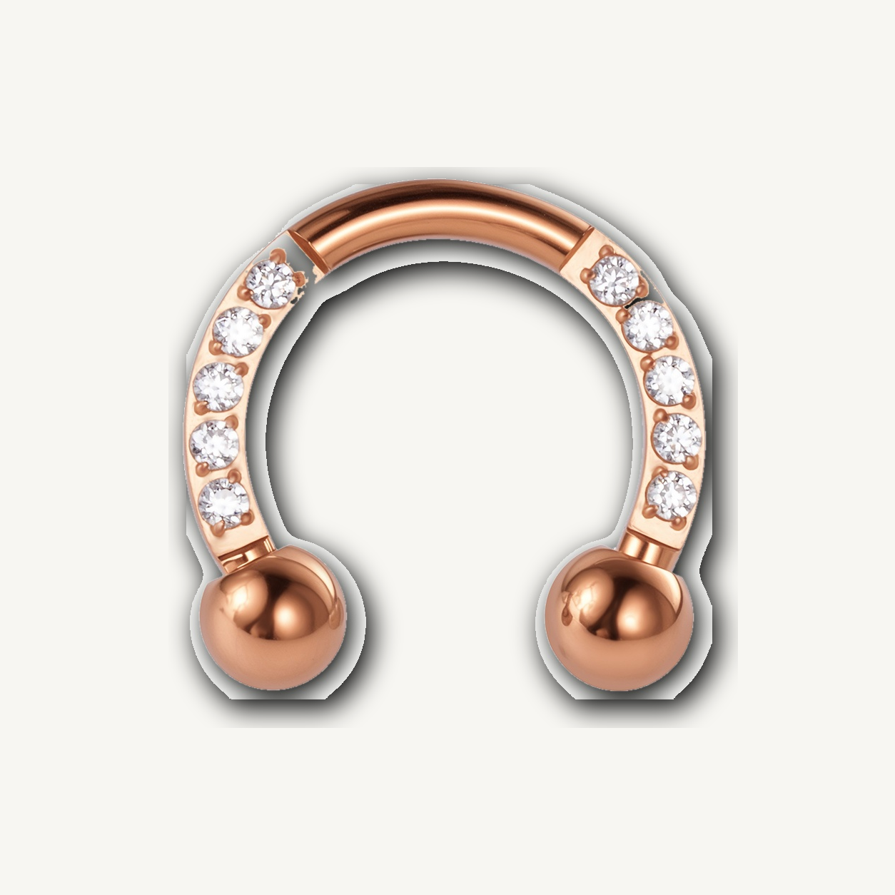 Implant Grade Titanium - Horseshoe - Rose Gold - Clear CZ - 16G (1.2 x 8+3+3 mm) - detail view
