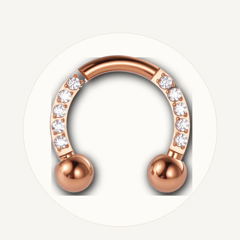 Implant Grade Titanium - Horseshoe - Rose Gold - Clear CZ - 16G (1.2 x 8+3+3 mm) - styling view