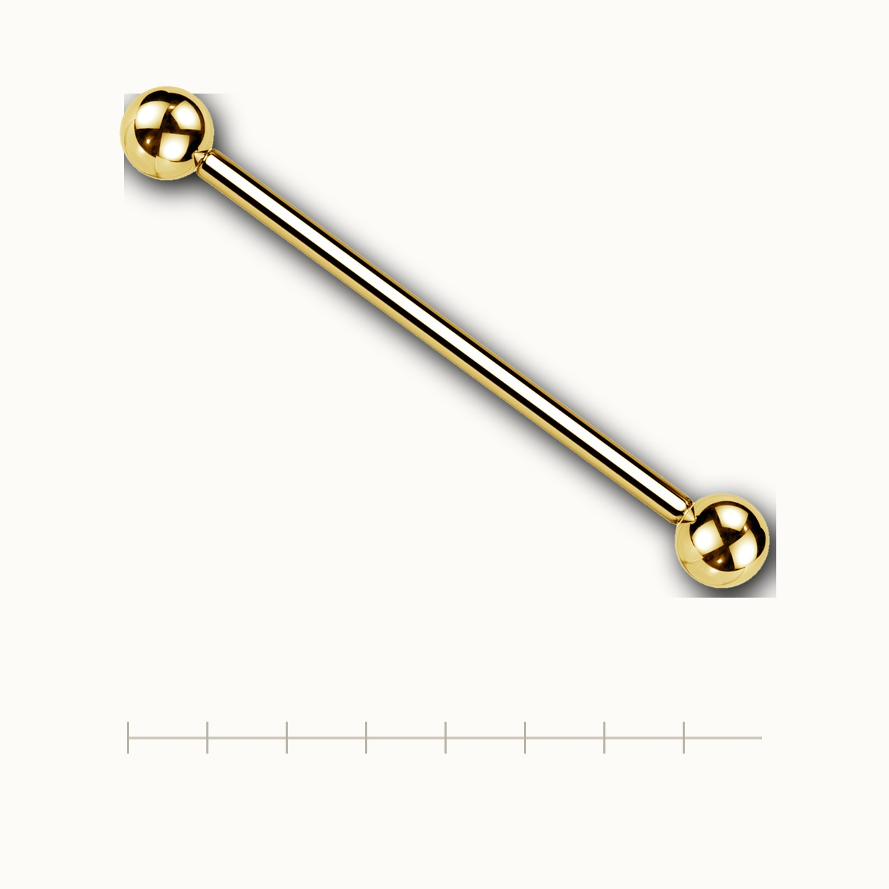 Implant Grade Titanium - Industrial Barbell - Gold - 14G (1.6 x 35+5+5 mm) - scale view